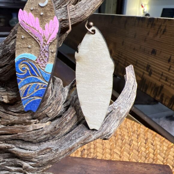 Surfboard Mermaid Earrings wood dangle  Laser Engraved Ocean Moon - Picture 3 of 4